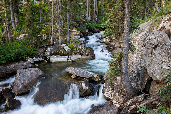 20.3 MB, 5184 x 3456: White water flowing through a mountain forest and over large rocks and boulders.