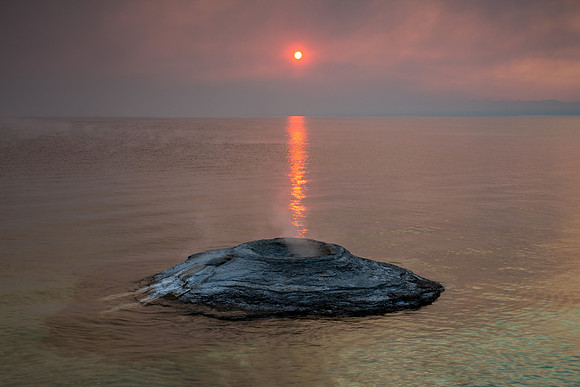 10.2 MB, 5184 x 3456: Smoky sunrise over Yellowstone Lake in Yellowstone National Park