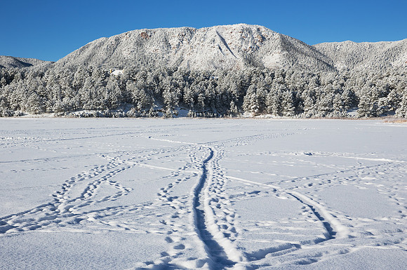 12.8 MB, 4785 x 3176: A snowy single track trail heads toward Mount Herman on a freezing cold Monument Lake near Monument, Colorado.