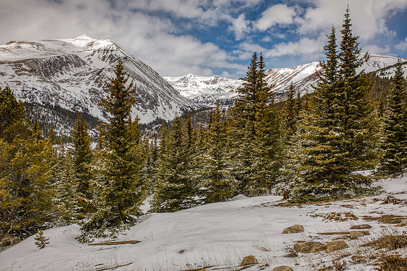 31.4 MB, 6718 x 4478: Snow covered mountain peaks and green pine trees under partly cloudy skies
