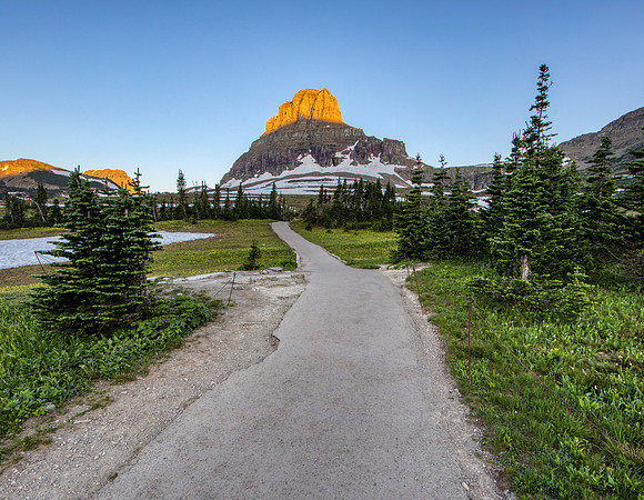 17.6 MB, 5048 x 3917: Paved foot path cuts through pine trees as it leads to a sunlit mountain peak.