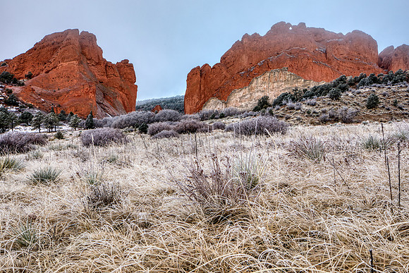 30.2 MB, 6259 x 4173: The red rock formations of the Garden of Gods on a foggy, freezing cold, and icy morning.